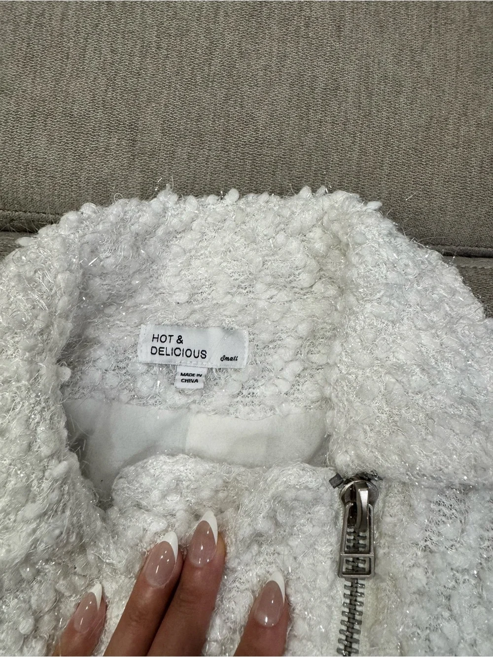 Hot & Delicious White Fluffy Sparkle Cropped Zip-Up Jacket & Mini Skirt Set S